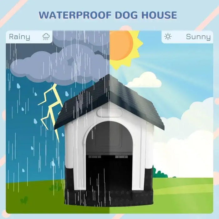 Waterproof plastic dog house with slanted roof, shown in rainy and sunny weather.