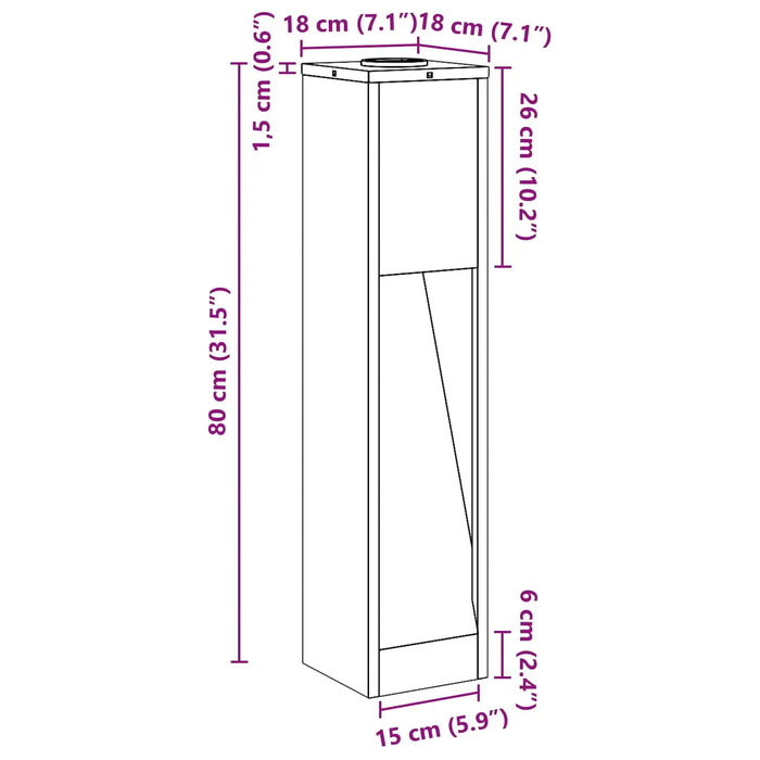 Line drawing of a tall rectangular box with dimensions 80x18x15 cm, detailed in cm and inches