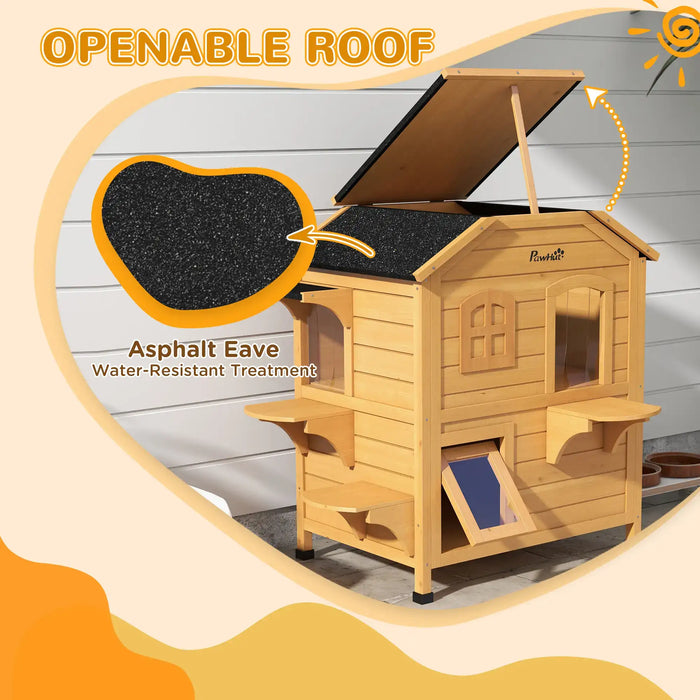2-Story Outdoor Cat House with Escape Door in Natural Wood - Little and Giant Explorers PawHut