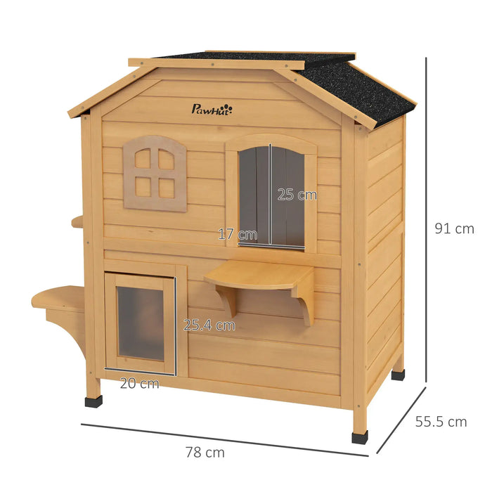 2-Story Outdoor Cat House with Escape Door in Natural Wood - Little and Giant Explorers PawHut