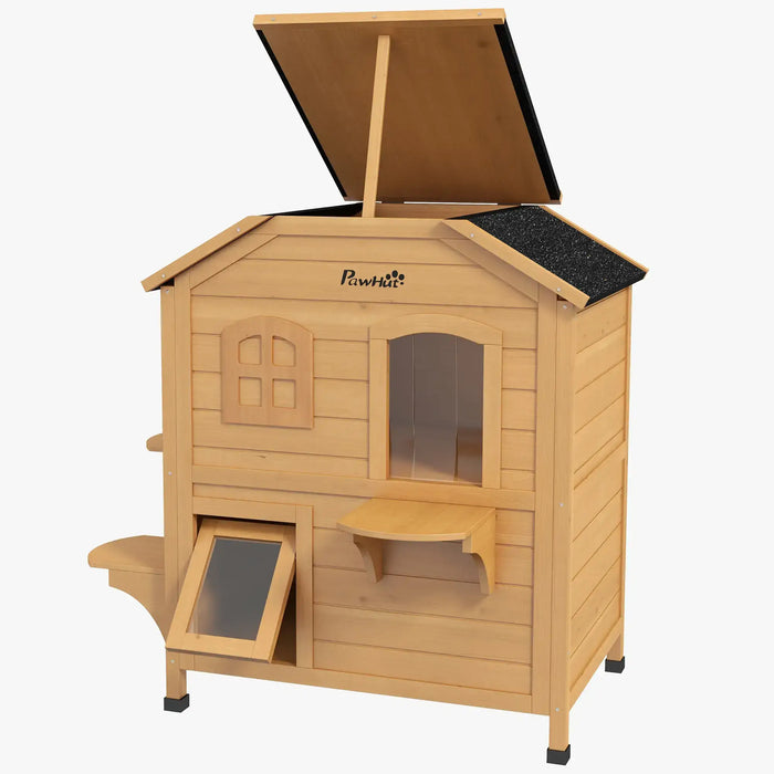 2-Story Outdoor Cat House with Escape Door in Natural Wood - Little and Giant Explorers PawHut