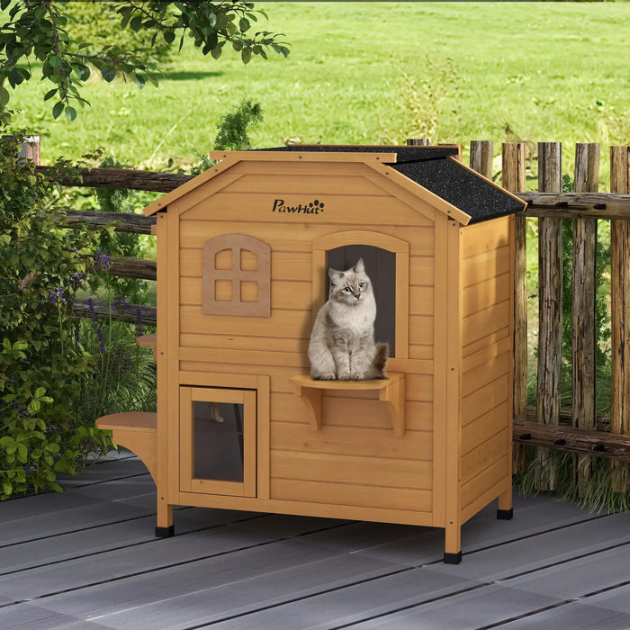 2-Story Outdoor Cat House with Escape Door in Natural Wood - Little and Giant Explorers PawHut