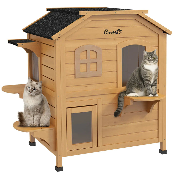 2-Story Outdoor Cat House with Escape Door in Natural Wood - Little and Giant Explorers PawHut