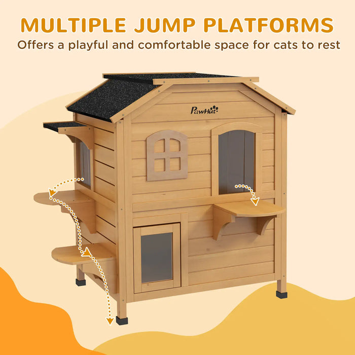 2-Story Outdoor Cat House with Escape Door in Natural Wood - Little and Giant Explorers PawHut
