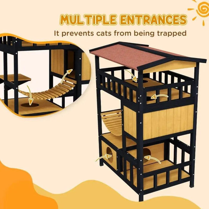 Outdoor wooden cat house with four levels, balcony, suspension bridge, and multiple entrances