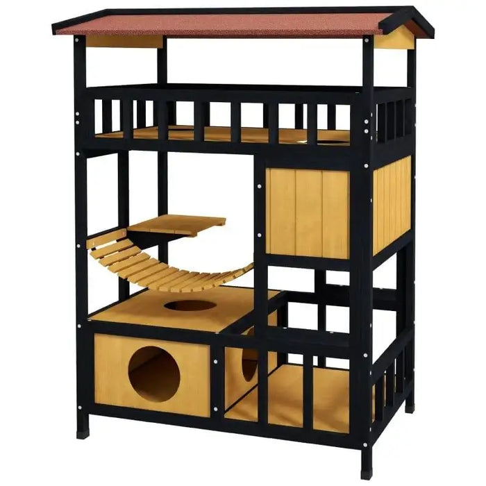Outdoor wooden cat house with yellow panels, balcony, four levels, and suspension bridge