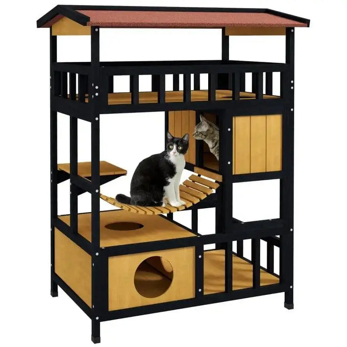Outdoor wooden cat house with four levels, yellow panels, two cats, suspension bridge, balcony