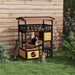 Outdoor wooden cat house with four levels, balcony, bridge and three cats on grass