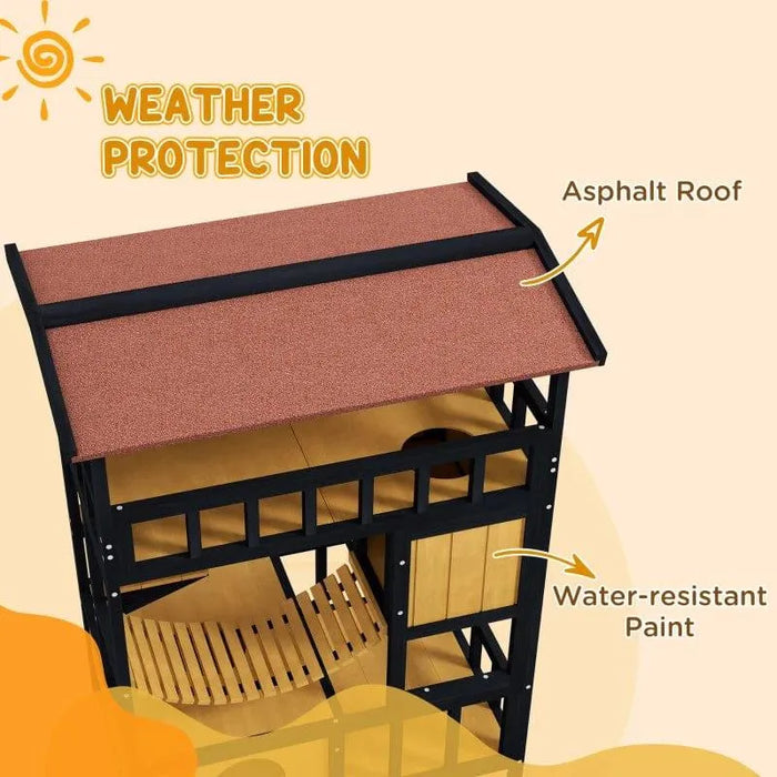 Outdoor wooden cat house with asphalt roof, water-resistant paint, yellow 4-level design.