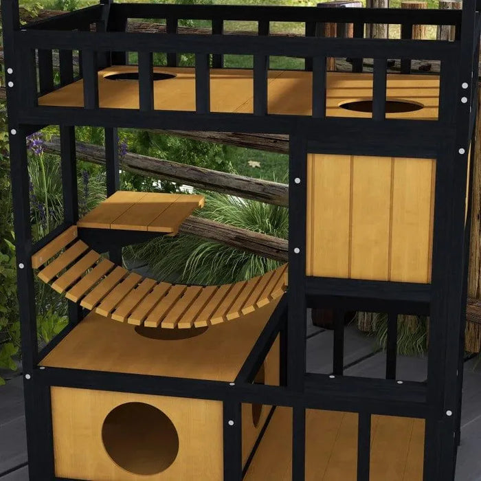 Outdoor wooden cat house with yellow panels, four levels, balcony and suspension bridge