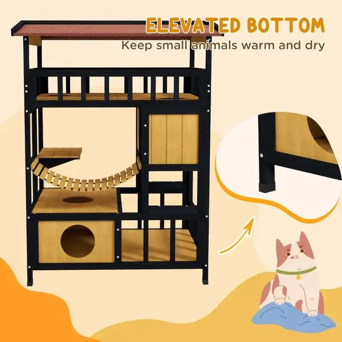 Outdoor wooden cat house with elevated bottom, four levels, suspension bridge, and balcony.