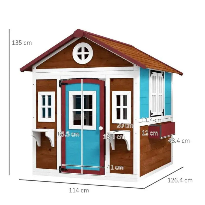 Outdoor wooden garden playhouse with red roof, blue door, planter boxes, and size measurements