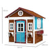 Outdoor wooden garden playhouse with red roof, blue door, planter boxes, and size measurements