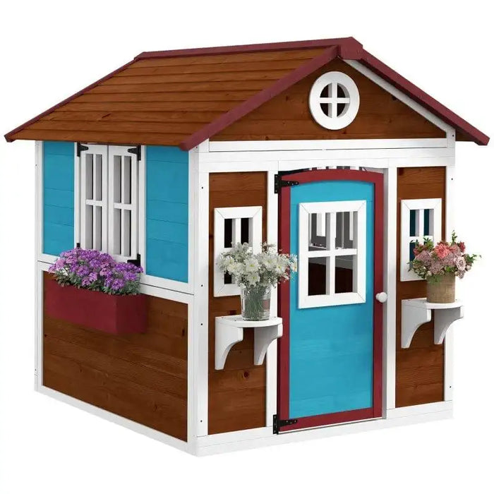 Colorful wooden garden playhouse with flower boxes and blue door, outdoor kids toy house