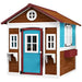 Outdoor wooden garden playhouse, multicolored fir wood with planter boxes and blue door