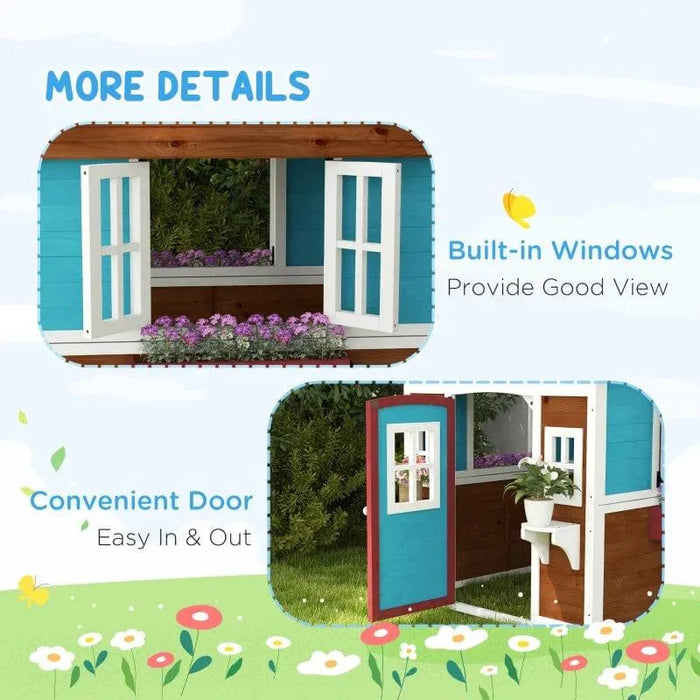 Outdoor wooden garden playhouse with blue panels, built-in windows, and convenient door