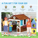 Outdoor wooden garden playhouse with multi-color panels, planter boxes, cartoon children, and backyard setting