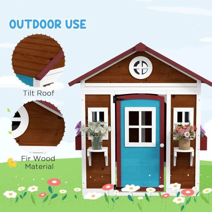 Outdoor wooden garden playhouse with blue door, flower planters, tilt roof, fir wood