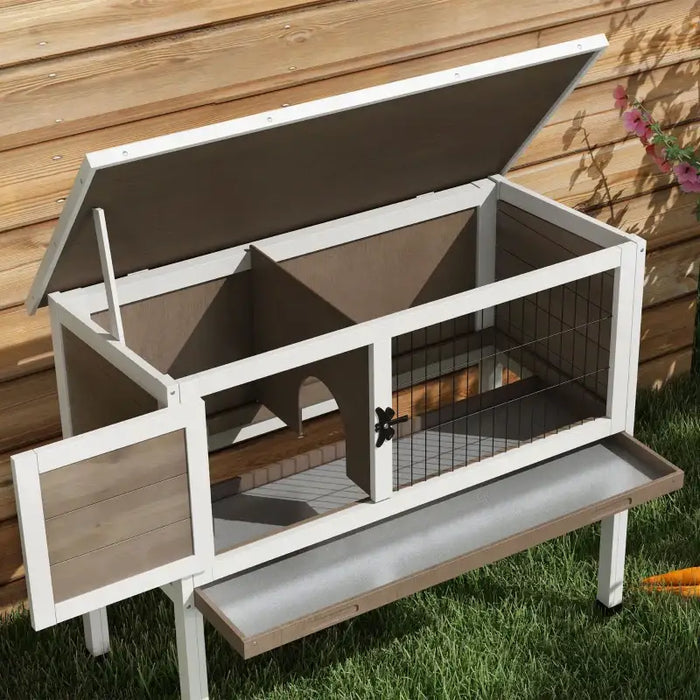 Outdoor Wooden Guinea Pig Hutch – Brown | Slide-Out Tray, Mesh Door and Asphalt Roof PAWHUT - Little and Giant Explorers PawHut