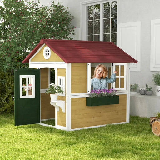 Wooden Playhouse with Doors, Windows and Plant Pots in Beige - Little and Giant Explorers Outsunny
