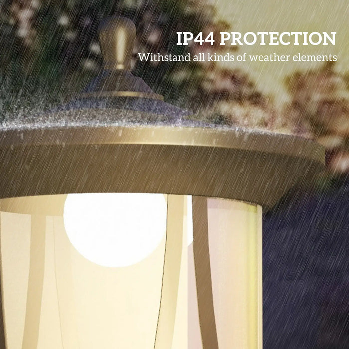 Outdoor lantern with IP44 protection glowing in rain, designed to withstand weather elements