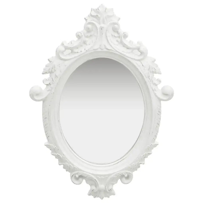 Decorative white mirror with intricate patterns on a white background