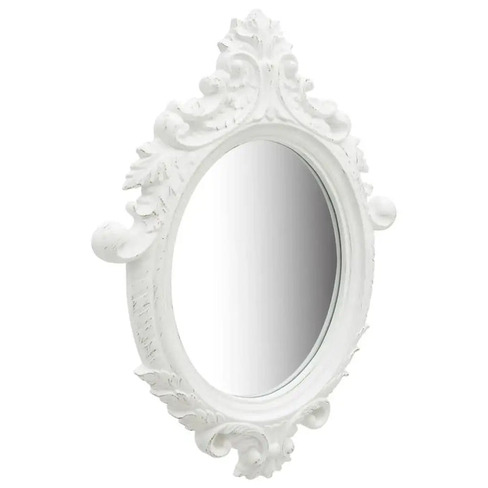 Decorative white mirror with intricate floral patterns on a white background