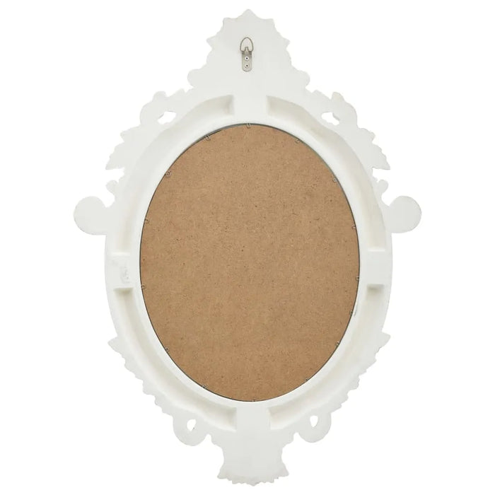 White decorative frame with an oval cutout on a white background