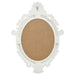 White decorative frame with an oval cutout on a white background