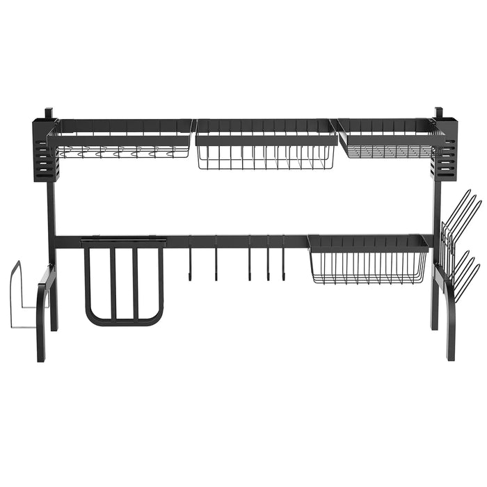 Black metal dish rack with multiple shelves on a white background