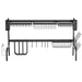 Black metal dish rack with multiple shelves on a white background