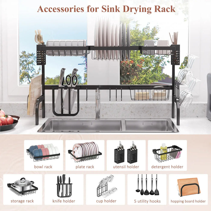 Sink drying rack with various accessories in a kitchen setting