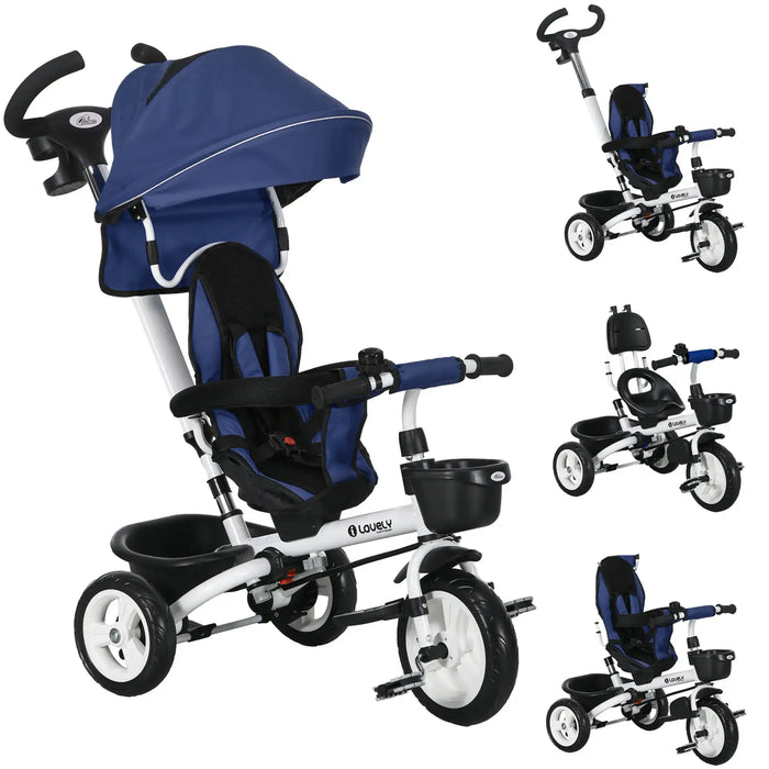 Blue and white baby tricycle with multiple views on a white background