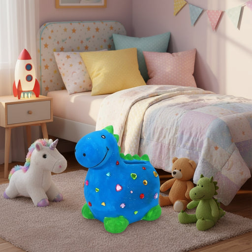 Blue dinosaur money bank craft kit with sticky gems in colorful child's bedroom