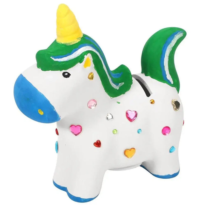 Unicorn money bank with colorful gems, green mane, blue nose, and yellow horn.