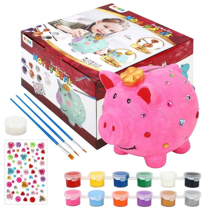 Paint your own money bank craft kit with pink piggy bank, paint pots, brushes, and sticky gems.