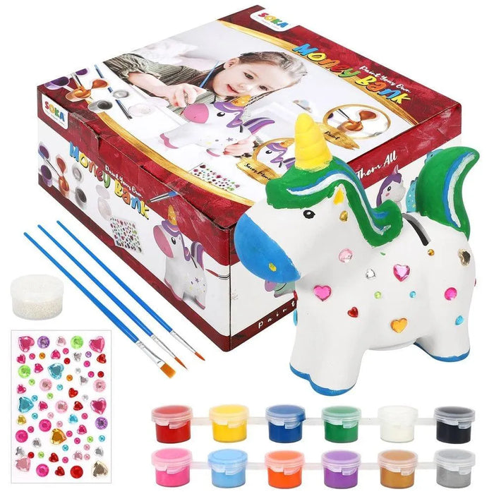 Unicorn money bank craft kit with paints, brushes, gems, and box packaging