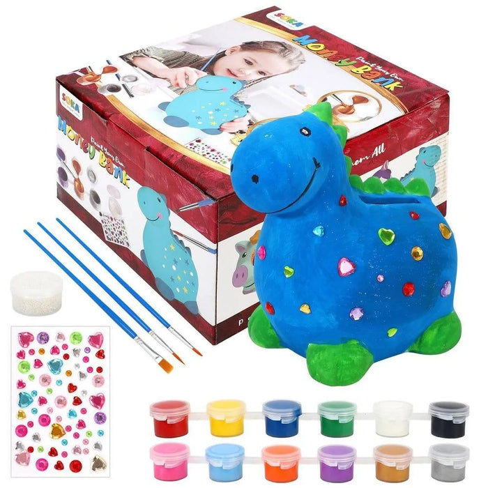 Paint your own money bank craft kit with blue dinosaur, paints, brushes, stickers, and box