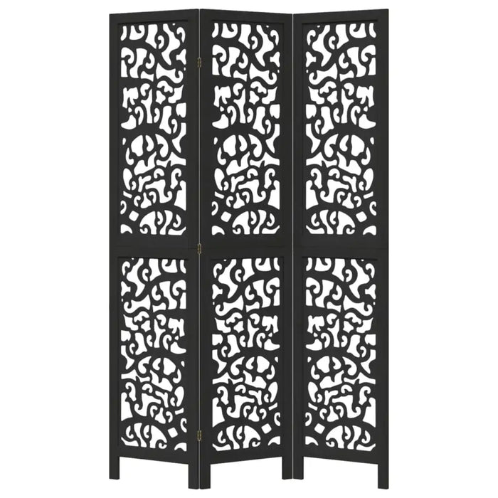 Black three-panel room divider with intricate white cut-out patterns on a white background