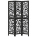 Black three-panel room divider with intricate white cut-out patterns on a white background