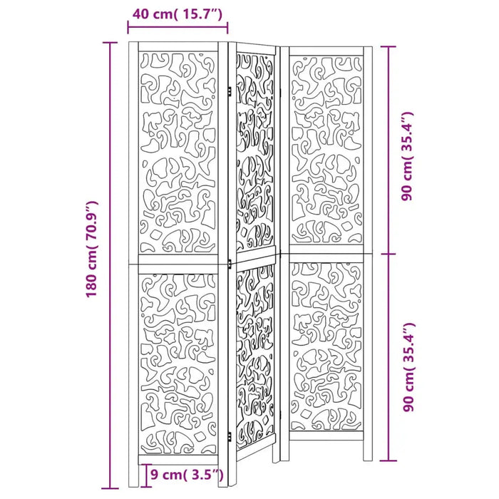 Dimensions of a decorative screen with intricate patterns on a white background
