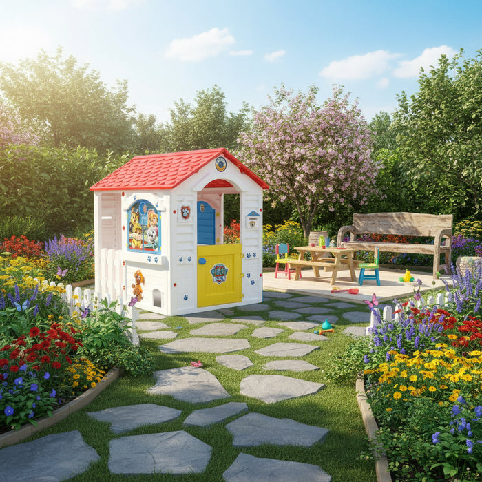 Paw Patrol Adventure Bay playhouse in a colorful garden with flowers and outdoor furniture