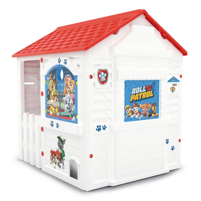 Paw Patrol Adventure Bay playhouse with red roof, character images, indoor outdoor toy