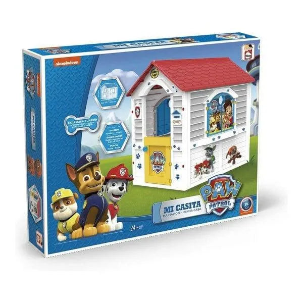 Paw Patrol Adventure Bay playhouse toy box featuring cartoon characters and colorful indoor outdoor playhouse illustration
