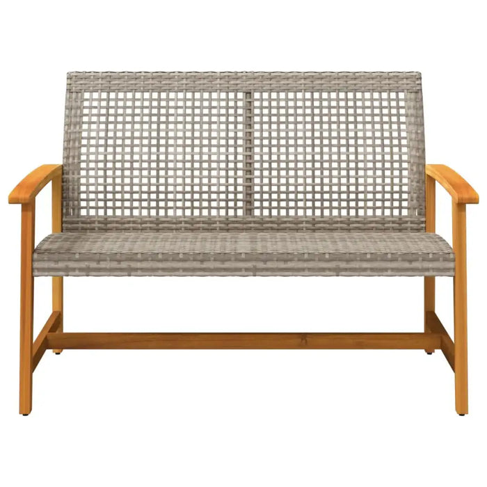 Outdoor garden bench with grey rattan woven seat and backrest, wooden armrests and frame