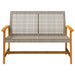 Outdoor garden bench with grey rattan woven seat and backrest, wooden armrests and frame