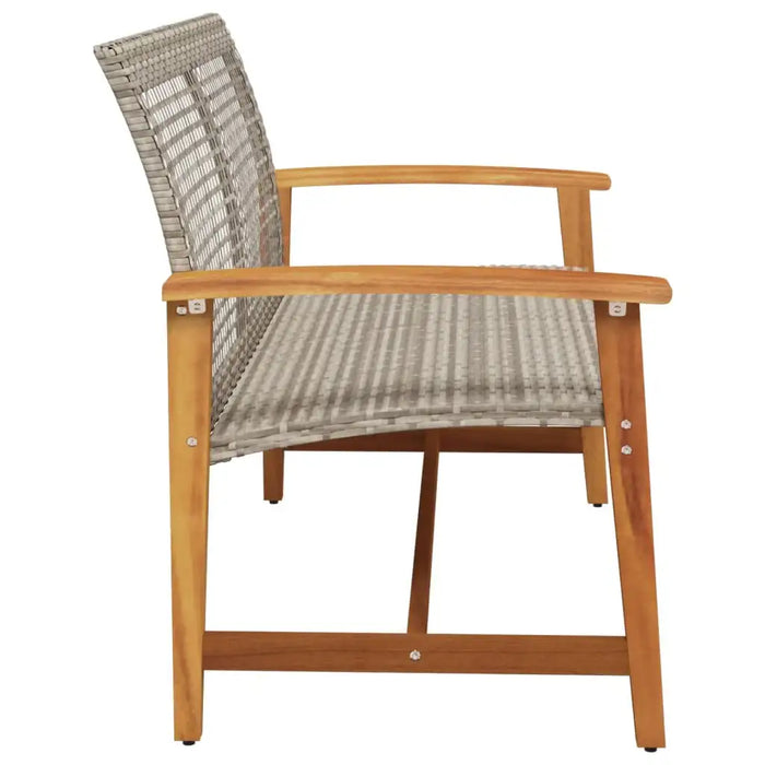 Grey PE rattan outdoor garden chair with wooden armrests and frame, side view
