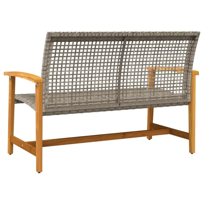 Grey PE rattan garden loveseat with wooden armrests and legs, outdoor seating