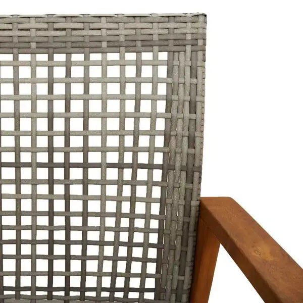 Close-up of grey PE rattan garden chair back with wooden armrest, outdoor seating detail