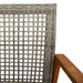 Close-up of grey PE rattan garden chair back with wooden armrest, outdoor seating detail